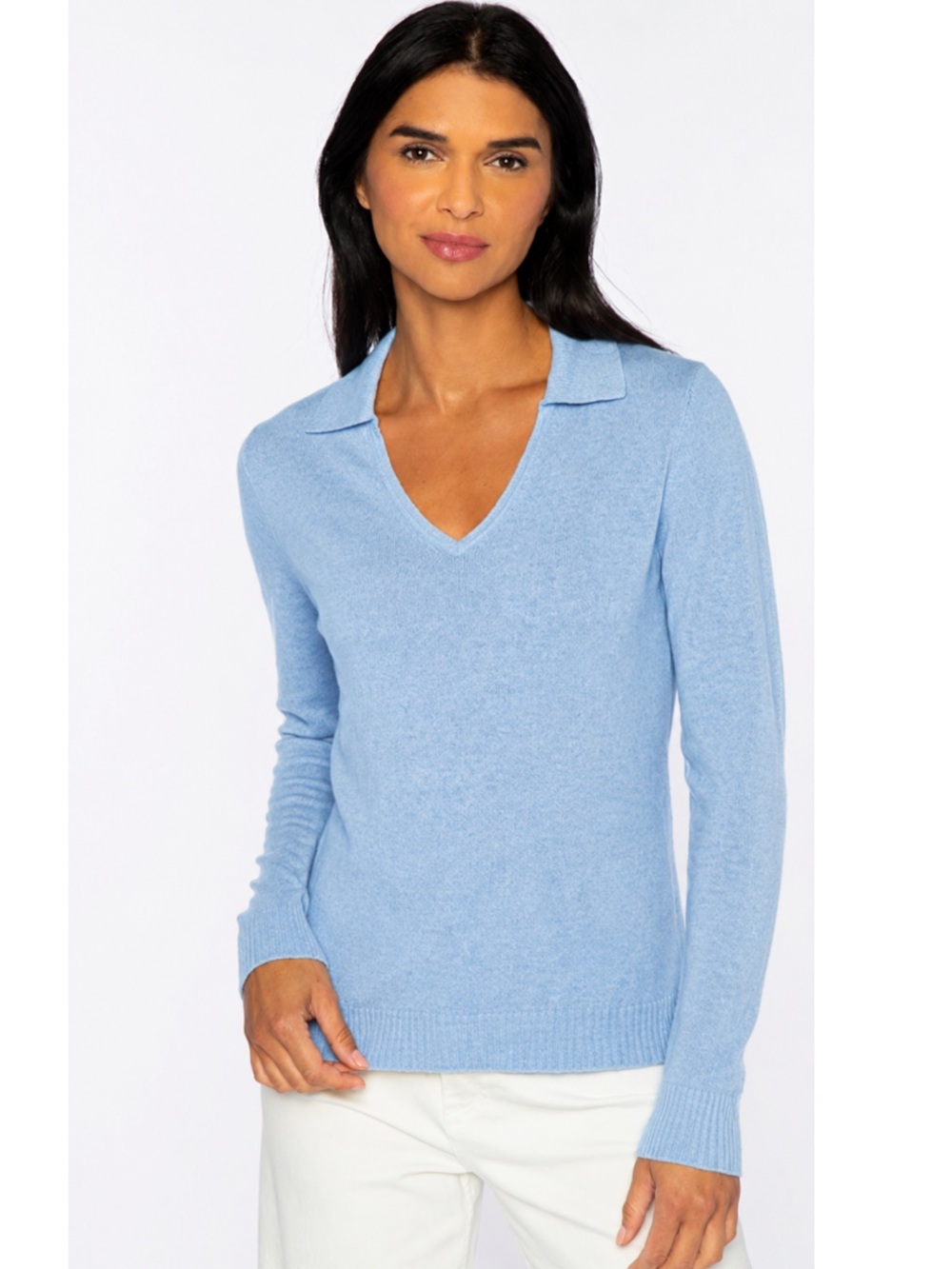 Kinross Cashmere Fitted Vee Polo Sweater in Dream Blue Cotton Cashmere Blend